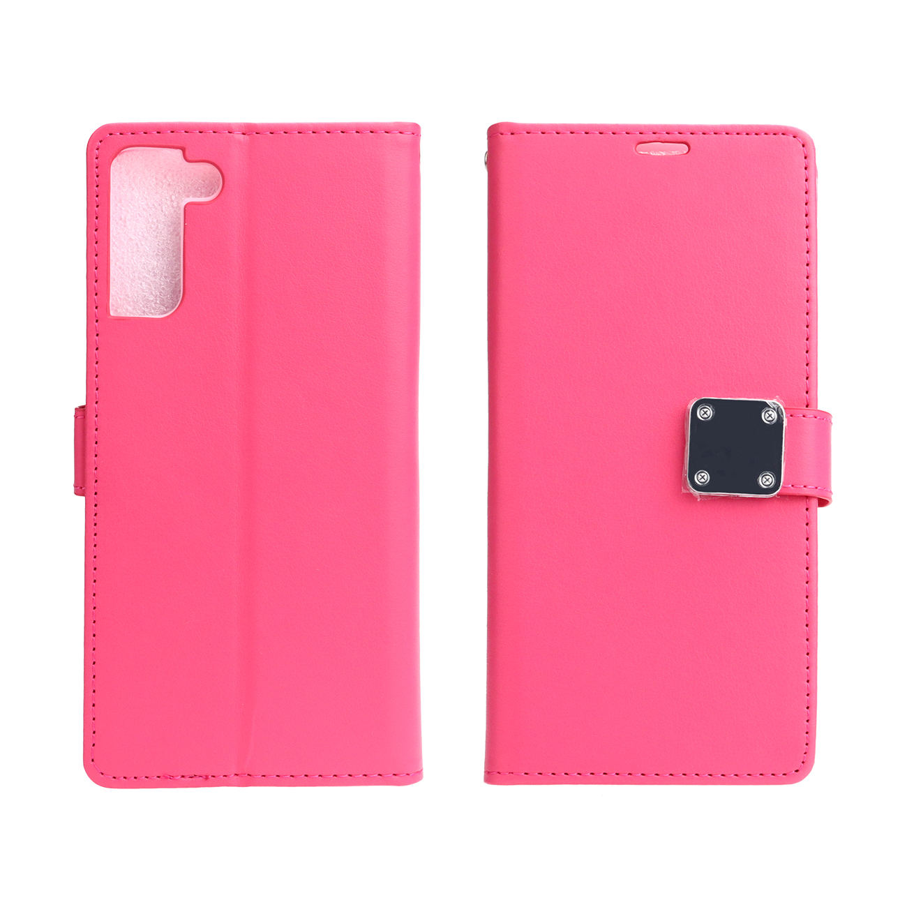 Multi Pockets Folio Flip LEATHER Wallet Case with Strap for Samsung Galaxy S21 5G (Hot Pink)